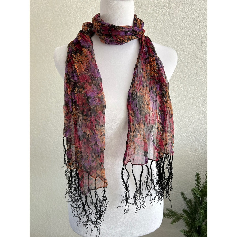 Sheer Floral 100% Silk‎ Print Scarf Crinkle Tassels Boho Whimsical Festival